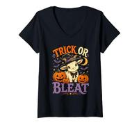 Femme Trick Or Bleat Chapeau de sorcière Amusant Chèvre Halloween Citrouilles T-Shirt avec Col en V