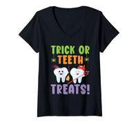 Femme Trick Or Teeth Treats Dentisterie Dentaire Halloween T-Shirt avec Col en V