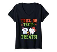 Femme Trick Or Teeth Treats Dentisterie Dentaire Halloween T-Shirt avec Col en V