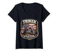 Femme Triker Life is Better on Three Wheels Motorcycle Biker USA T-Shirt avec Col en V