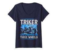 Femme Triker - Life is Better on Three Wheels - Trike Moto T-Shirt avec Col en V, Bleu Marine, M