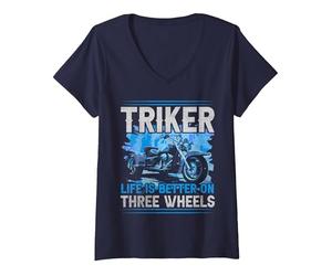 Femme Triker - Life is Better on Three Wheels - Trike Moto T-Shirt avec Col en V, Bleu Marine, S