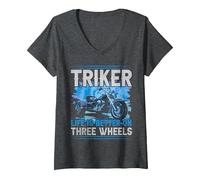 Femme Triker - Life is Better on Three Wheels - Trike Moto T-Shirt avec Col en V, Chiné Foncé, M