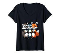 Femme Trio d’Animaux Cartoon Raton Renard Chien Graphique T-Shirt avec Col en V
