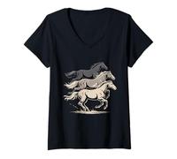Femme Trio de Chevaux au Galop Western Mustang Spirit T-Shirt avec Col en V