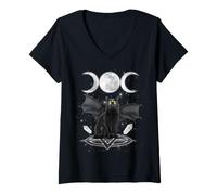 Femme Triple Moon Witch Cat Wicca Wiccan Pagan Symbol Halloween T-Shirt avec Col en V