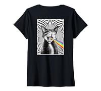 Femme Trippy Cat Spirale Hypnotique Rainbow Noir Blanc Vortex Retro T-Shirt avec Col en V