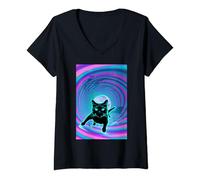 Femme Trippy Glitch Weirdcore Cat Vortex Surf Vaporwave T-Shirt avec Col en V