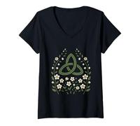 Femme Triquetra Nœud Celtique avec Fleurs Sauvages printanières T-Shirt avec Col en V