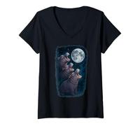 Femme Trois bébés hippopotames Hurlant à la Lune T-Shirt avec Col en V