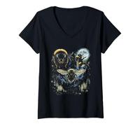 Femme Trois bourdons Lune Cosmique forêt Galaxie T-Shirt avec Col en V