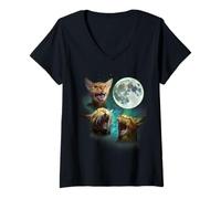 Femme Trois Chats abyssins hurlent à la Lune 3 Loups Parodie drôle T-Shirt avec Col en V