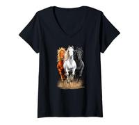 Femme Trois Chevaux au Galop | Style équestre et Western T-Shirt avec Col en V