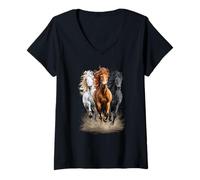 Femme Trois Chevaux au Galop | Style équestre et Western T-Shirt avec Col en V