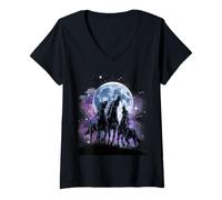 Femme Trois Chevaux Moon Horse Lover 3 Chevaux Hurlant à la Lune T-Shirt avec Col en V