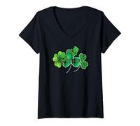 Femme Trois léopard, Plaid et trèfle Porte-Bonheur Trèfle St Patrick T-Shirt avec Col en V