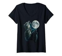 Femme Trois Loups Hurlant à la Lune 3 Loup Lune T-Shirt avec Col en V