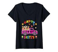 Femme Trois Nains de Lapin Tenant Un œuf Happy Easter Day Truck Pâques T-Shirt avec Col en V