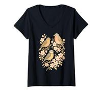 Femme Trois pin's perchés Parmi Les Branches en Fleurs T-Shirt avec Col en V