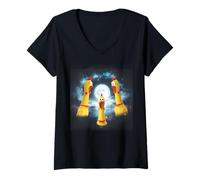 Femme Trois Poules en Caoutchouc Lune drôle de volaille hurlante maudite Blague T-Shirt avec Col en V
