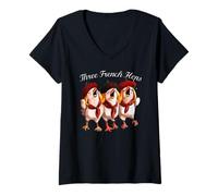 Femme Trois Poules françaises Chantant la Chanson des 12 Jours, Noël T-Shirt avec Col en V
