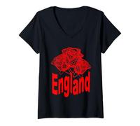 Femme Trois Roses stylisées Rouges Lignes Angleterre T-Shirt avec Col en V