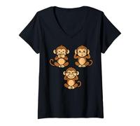 Femme Trois singes de la Sagesse | Chibi Mignon - Parlez n'entendez Pas Le Mal T-Shirt avec Col en V