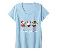 Femme Trois Verres de vin de Noël avec Renne et Elfe du Père Noël T-Shirt avec Col en V, Bleu Céleste, L