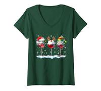 Femme Trois Verres de vin de Noël avec Renne et Elfe du Père Noël T-Shirt avec Col en V, Vert Forêt, XXL