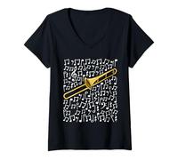 Femme Trombone Notes de Musique Cuivres Musicien Orchestre T-Shirt avec Col en V