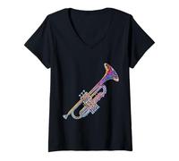 Femme Trompette Instrument de Musique Illustration Graphique Trompette T-Shirt avec Col en V