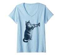 Femme Trompette Jouant du Chat Vintage, Groupe, Trompettiste T-Shirt avec Col en V