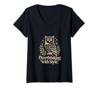 Femme Trop réfléchir avec Style Hibou Mystique Vintage Night Owl T-Shirt avec Col en V