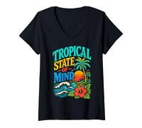 Femme Tropical State of Mind Ocean Waves Palm Trees Sunset Citation T-Shirt avec Col en V