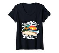 Femme Tropical Vibes Costa Rica Vacances d'été Plage Soleil Souvenir T-Shirt avec Col en V
