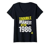 Femme Trouble Maker Since 1986 - Année de Naissance de Sarcastic Joke T-Shirt avec Col en V