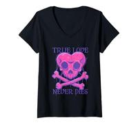 Femme True Love Never Dies Crâne Gothique Cœur Crâne Crossbones Punk Rock T-Shirt avec Col en V