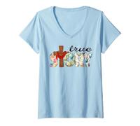 Femme True Story Croix de Jésus Joyeux Jour de Pâques pour Pâques chrétienne T-Shirt avec Col en V