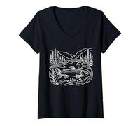 Femme Truite Art Linéaire Poisson Rivière Dessin T-Shirt avec Col en V