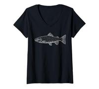 Femme Truite Illustration Pêche Pêcheur Pêcheur À La Mouche T-Shirt avec Col en V