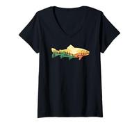 Femme Truite Montagne Scène Pêche En Plein Air Coucher De Soleil Forêt T-Shirt avec Col en V