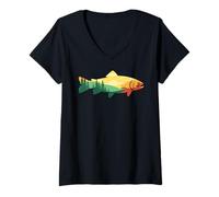 Femme Truite Montagne Scène Pêche En Plein Air Coucher De Soleil Forêt T-Shirt avec Col en V