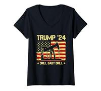 Femme Trump '24 Drill Baby Drill Drapeau Amérique Citation T-Shirt avec Col en V
