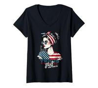 Femme Trump Girl Messy Bun Trump 2024 Élection Drapeau américain T-Shirt avec Col en V
