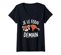 Femme Tshirt Panda Roux Fille Femme Ado Flemme Je le Ferai Demain T-Shirt avec Col en V