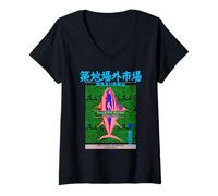 Femme Tsukiji Fish Market Thon Tokyo - Motif Vague Japonaise T-Shirt avec Col en V