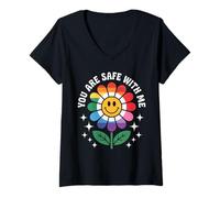 Femme Tu es en sécurité avec moi, Rainbow Smile Face, Ally LGBTQ Gay Pride T-Shirt avec Col en V