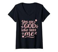 Femme Tu ES Un Dieu Qui me voit - Citation biblique T-Shirt avec Col en V