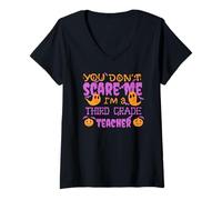 Femme TU NE ME Fais Pas Peur, Je suis Une ENSEIGNANTE DE TROISIÈME ANNÉE, Halloween Meme T-Shirt avec Col en V