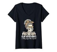 Femme Tuez-Les avec gentillesse en Penchant Skeleton Messy Bun T-Shirt avec Col en V